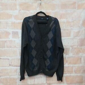 NWT Izod Men's Cardigan Sweater - Charcoal and Navy Argyle Size XL